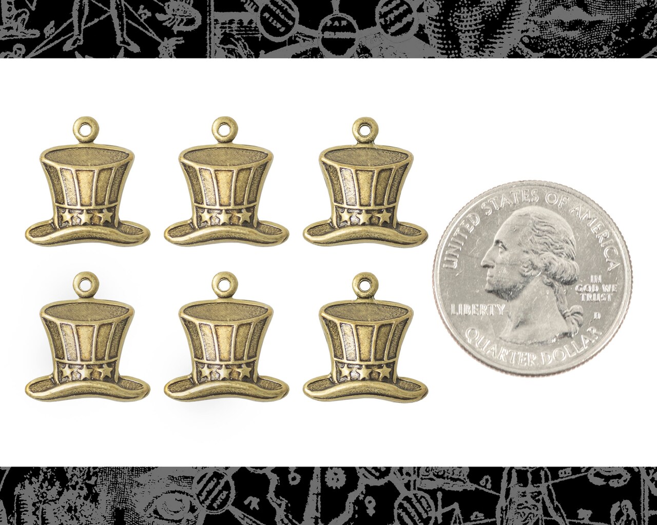 Antiqued Brass Patriotic Top Hat Charms - Set of Six - AB-C224